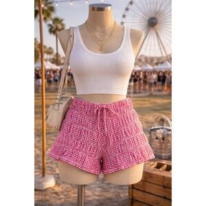 Sugar Kiss Red Gingham Ruched Shorts L Smocked Waist Cottagecore Festival Boho